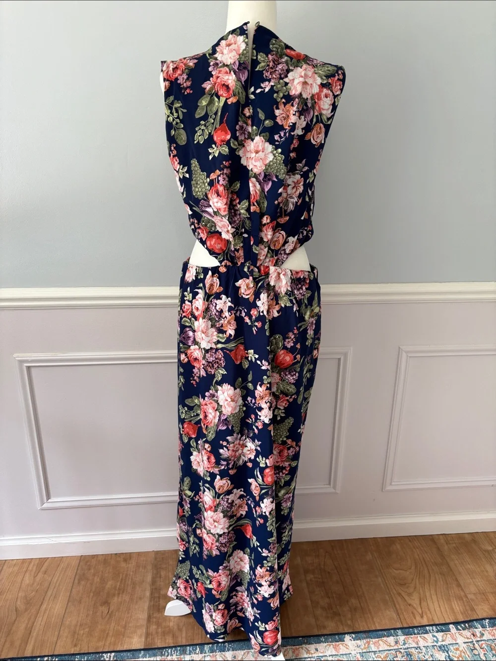 Abercrombie & Fitch Floral Fruits Cutout Maxi Dress Navy Cap Sleeve Size Medium